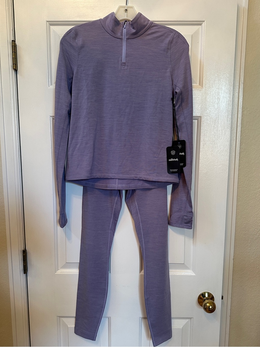 Women’s Allbirds leggings set. Lavender Long-Sleeve Half-Zip Top and Leggings.